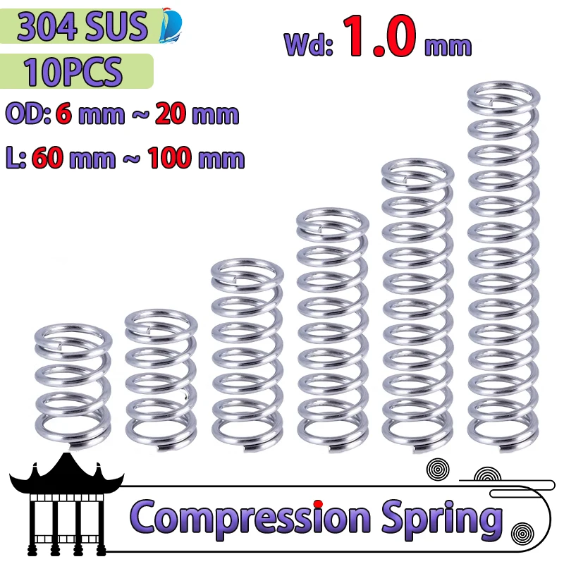 

10 Pcs Wire Diameter 1.0 mm Outside Diameter 6~20mm 304 Stainless Steel Compression Spring Return Compressed Pressure Springs