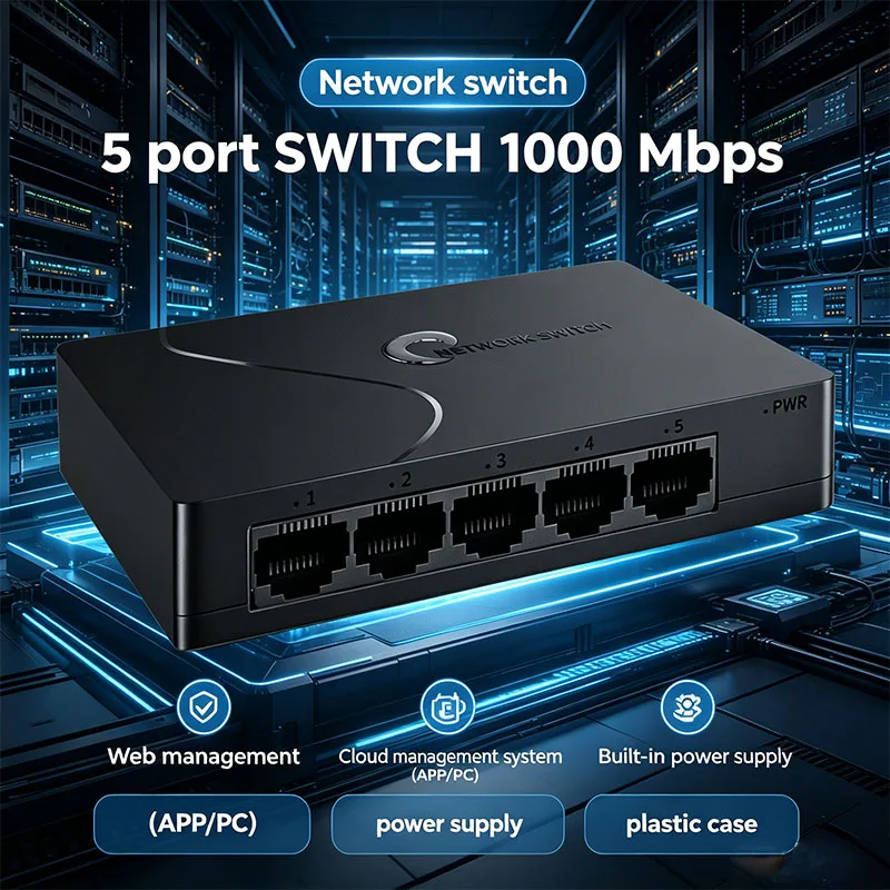 

Cloud Managed 5 Port Gigabit Switch 1000 Mbps Web/APP Management Built-in Power Supply Plastic Case for Home/Office GS105L