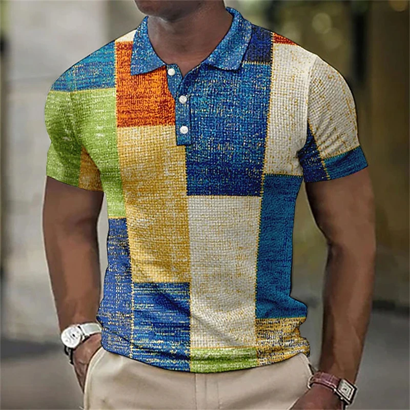 Men's Summer Polo Shirt Checkered Patchwork T-Shirt Breathable and Cool Short-Sleeve Top Retro Casual Loose-Fit Shirt