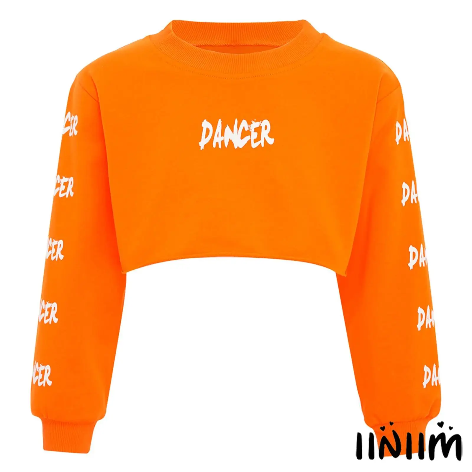 

Kids Girls Hip-Hop Jazz Dance Top Spring Autumn Round Neck Long Sleeve Letter Printed Cropped Top Sweatshirt Street Dance Wear