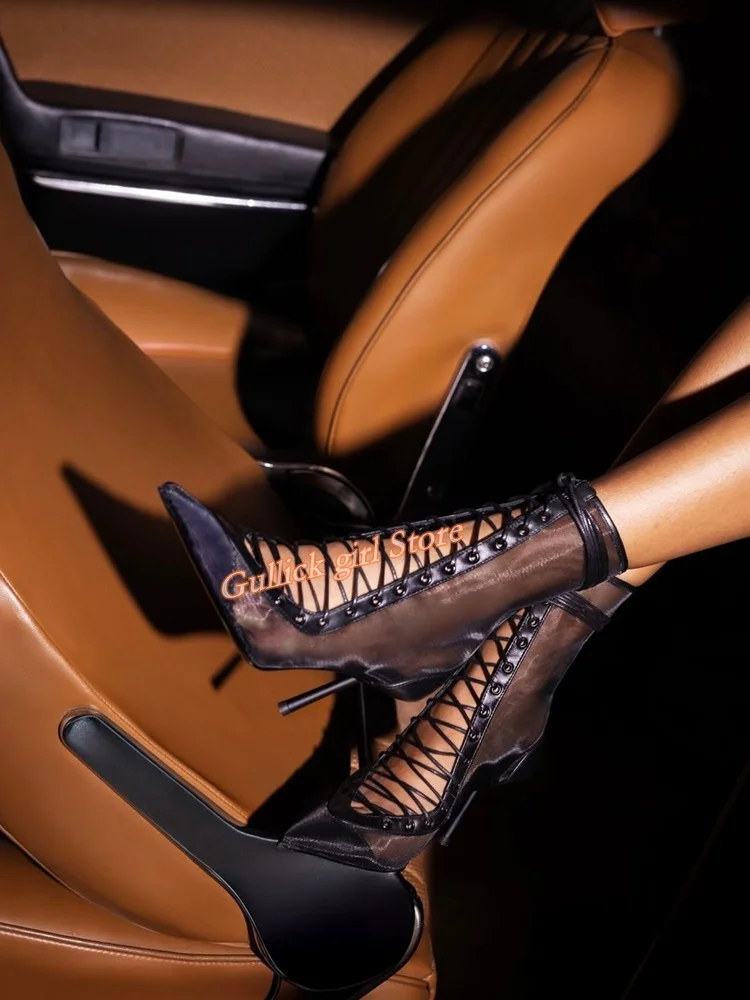 

Черные ботильоны с воздушной сеткой, пикантные женские туфли на шпильке с острым носком, на тонком высоком каблуке со шнуровкой и полой модой 2025 года, лето-осень, подиумная женская обувь