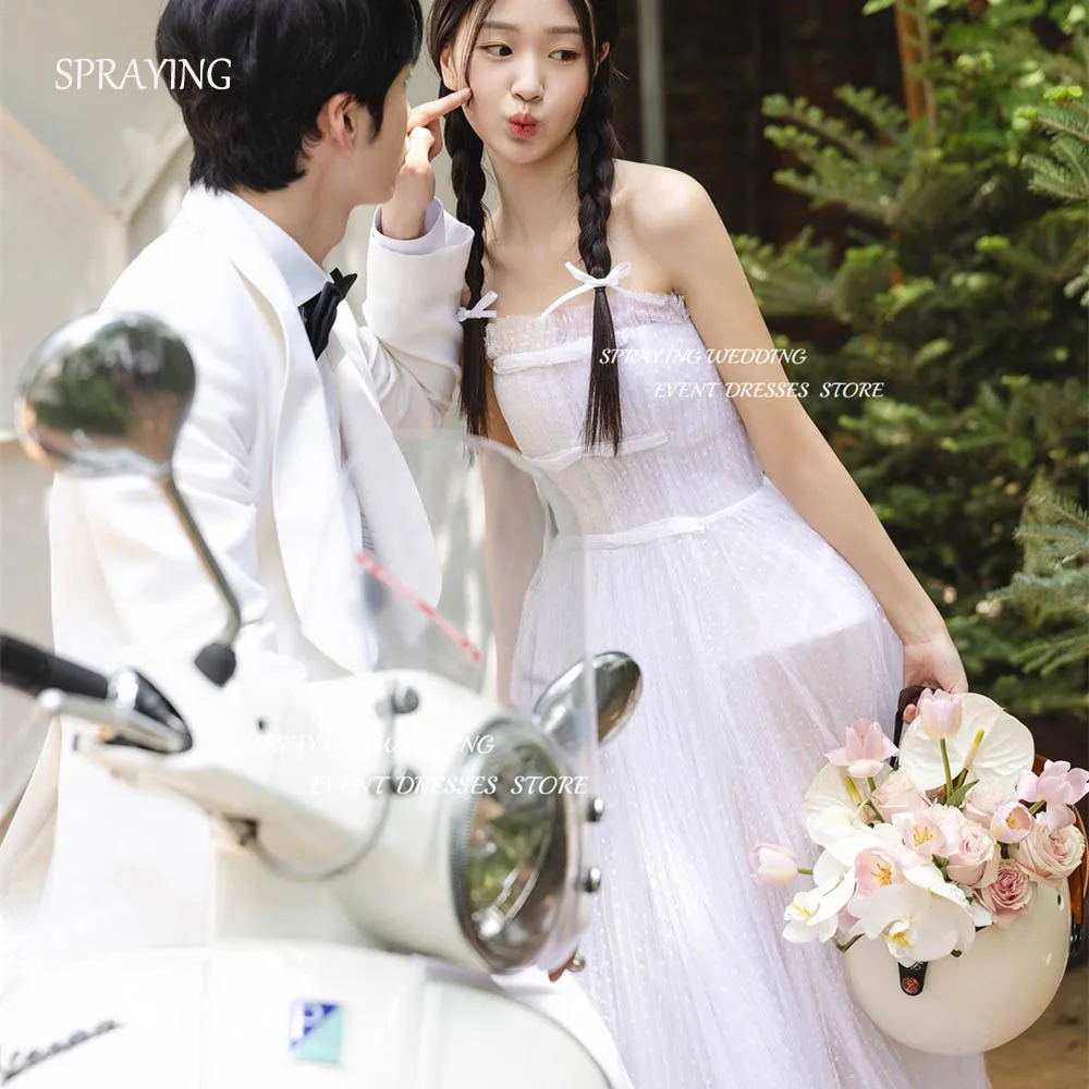 

SPRAYING Korea Photo Shoot Strapless Tulle Pleat Fairy Wedding Dress A-line Long Bridal Gown 2024 Prom Dress Corset Back 웨딩드레스