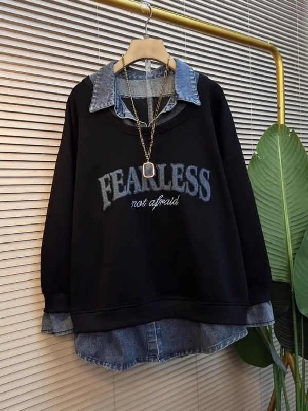 

Свитшот большого размера из денима с пэчворком, осенне-зимний, модный, повседневный, имитация двухслойности