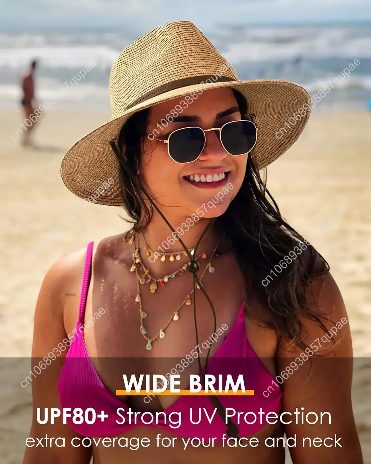 FURTALK Topi Matahari Jerami Musim Panas Wanita Topi Pantai Fedora Panama Pinggiran Lebar dengan Tali Angin UPF 80+
