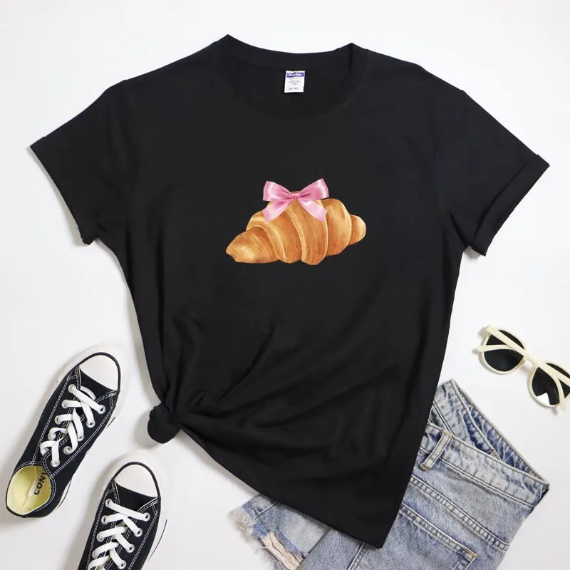 Croissant Pink Ribbon Foodie T-shirt Aesthetic Girl Baking Tshirt Cute Girly Coquette Bow Bread Tee Shirt Top