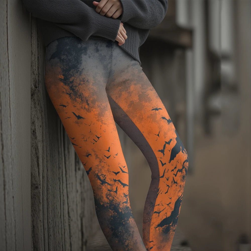 Women's Thick Winter Leggings with Bat Print Halloween Goth Punk Style Thermal Tights Rock Street Style Fashion Pants Plus Size