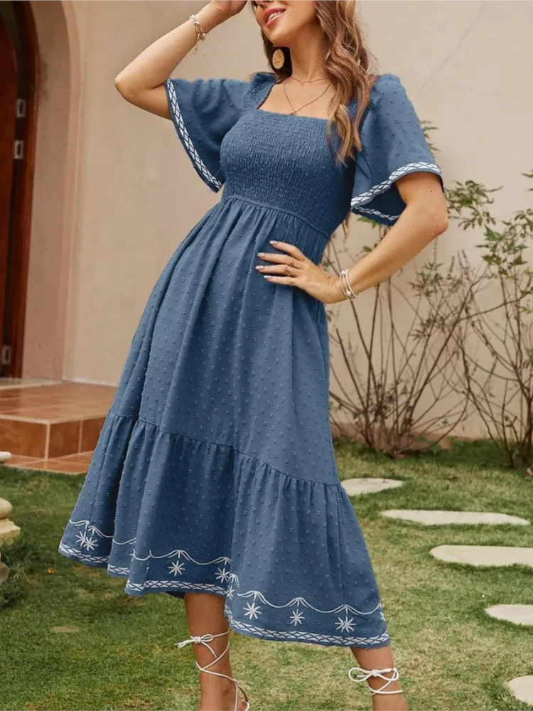 

Female Vestidos Sexy Elegant Square Neck A-line Polka Dot Print Puff-sleeved Robe Casual Commuter Beach Street Pastoral Dresses