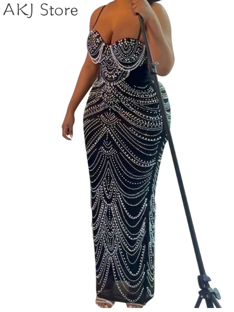 Sexy durchsichtiges Mesh-Perlen-Strass-Patchwork-Partykleid