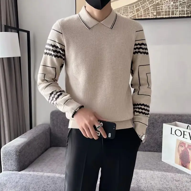 Autumn Winter Fashion Turn-down Collar Printing Long Sleeve Pullovers Men's Clothing Fake Two Pieces Casual Sweaters Korean Tops