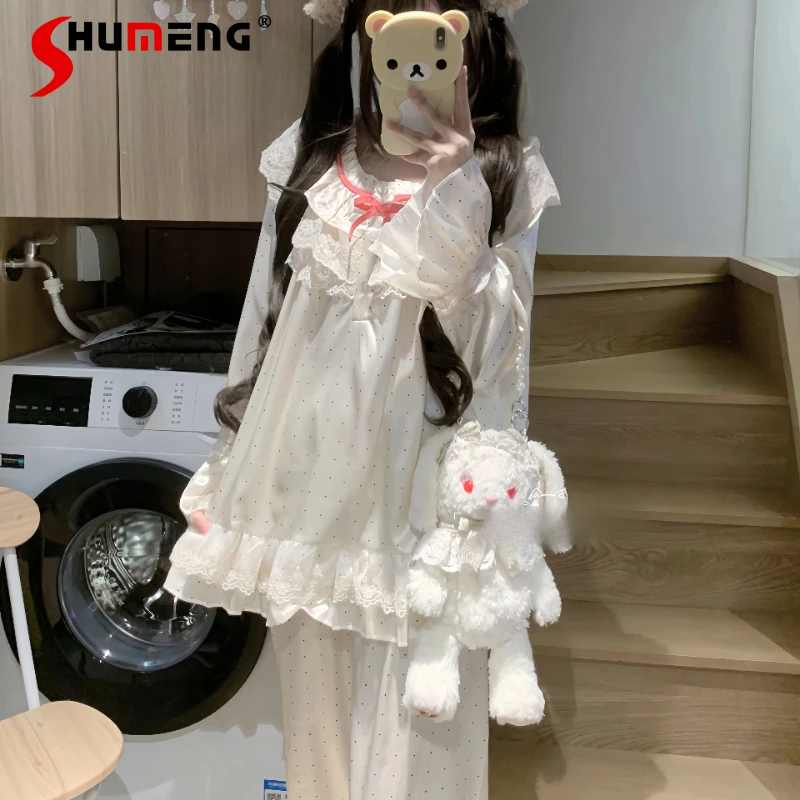 Pijamas bonitos de primavera y otoño para niña, ropa de casa de seda helada con lunares, deseo puro, estilo dulce, salón de dormir japonés