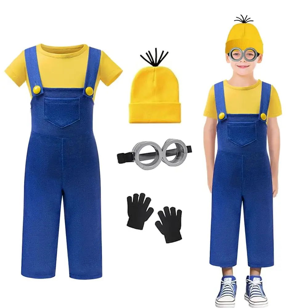 Boys 2PCS Outfit Stripe Yellow Tops+Suspenders Pant Sets Cartoon Suits Thief Minion for Baby Boys Girl Christmas Halloween Party