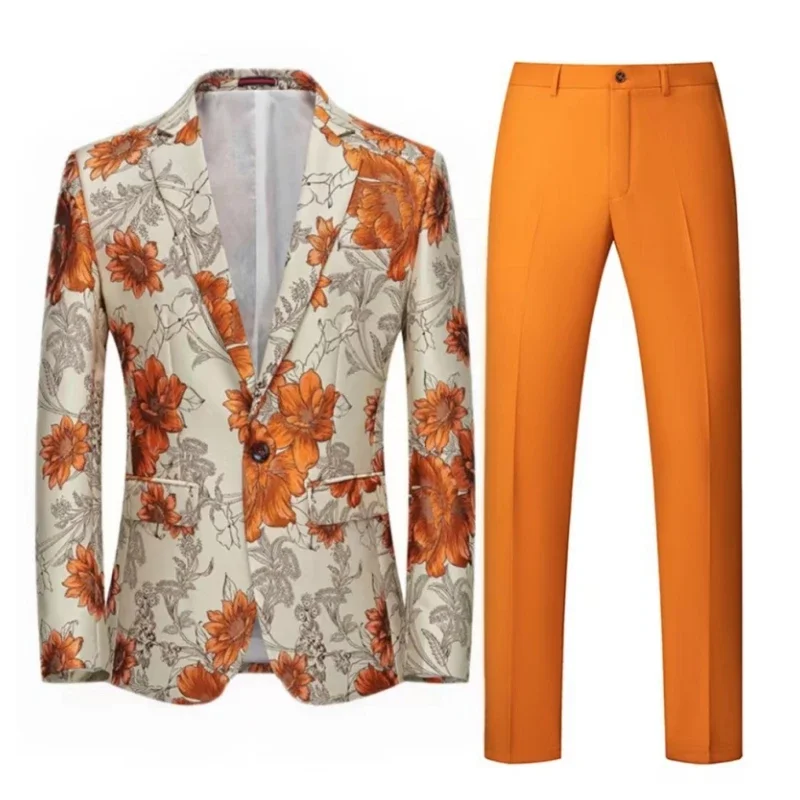 Men Suit 2 pieces orange flower pattern one button business casual for wedding birthday party set jacket and pants