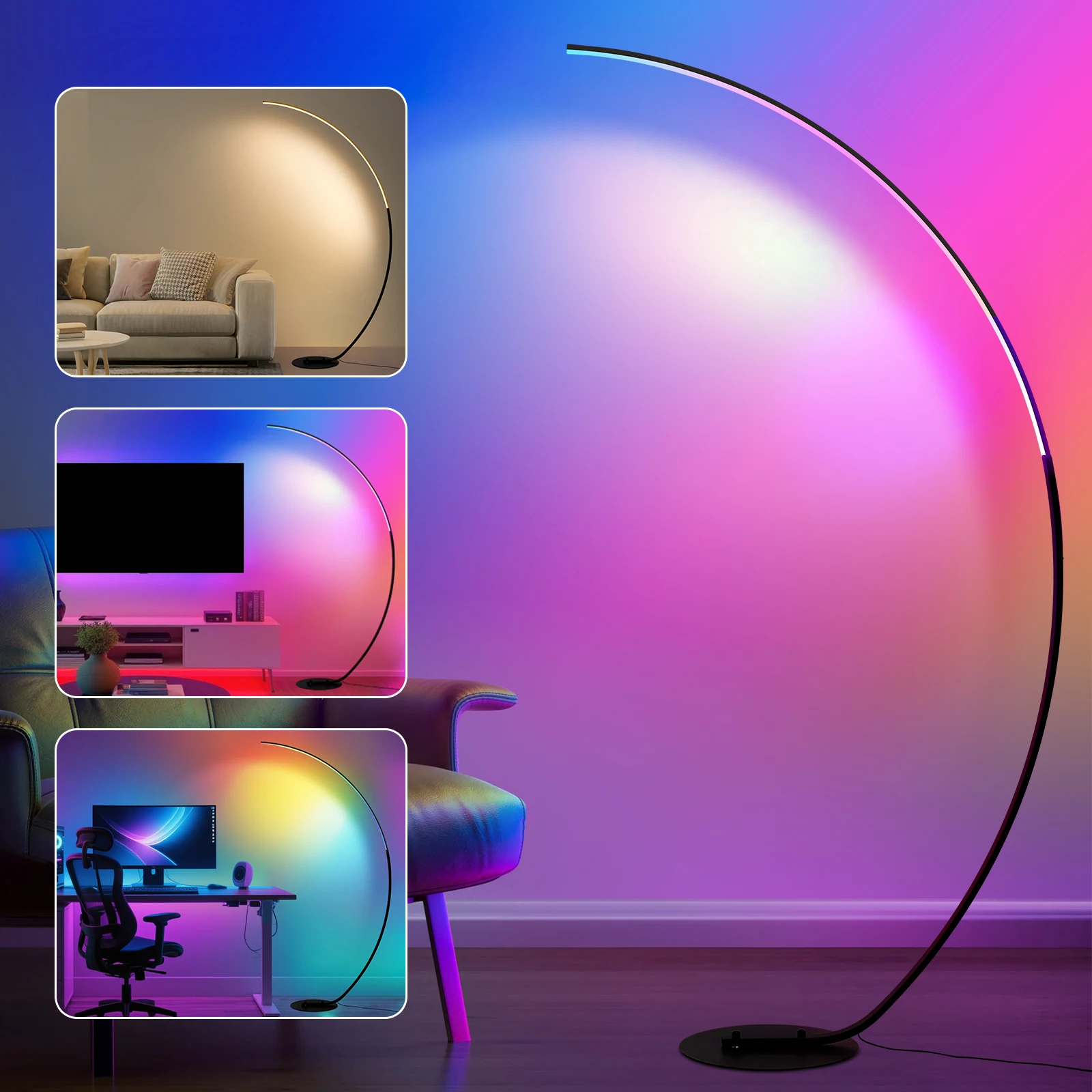 Lampada da terra curva RGB da 165 cm, lampada da terra a LED da 25 W. Offre 3 colori diversi per l’uso quotidiano e illuminazione RGB per creare una varietà di atmosfere. Il design curvo offre