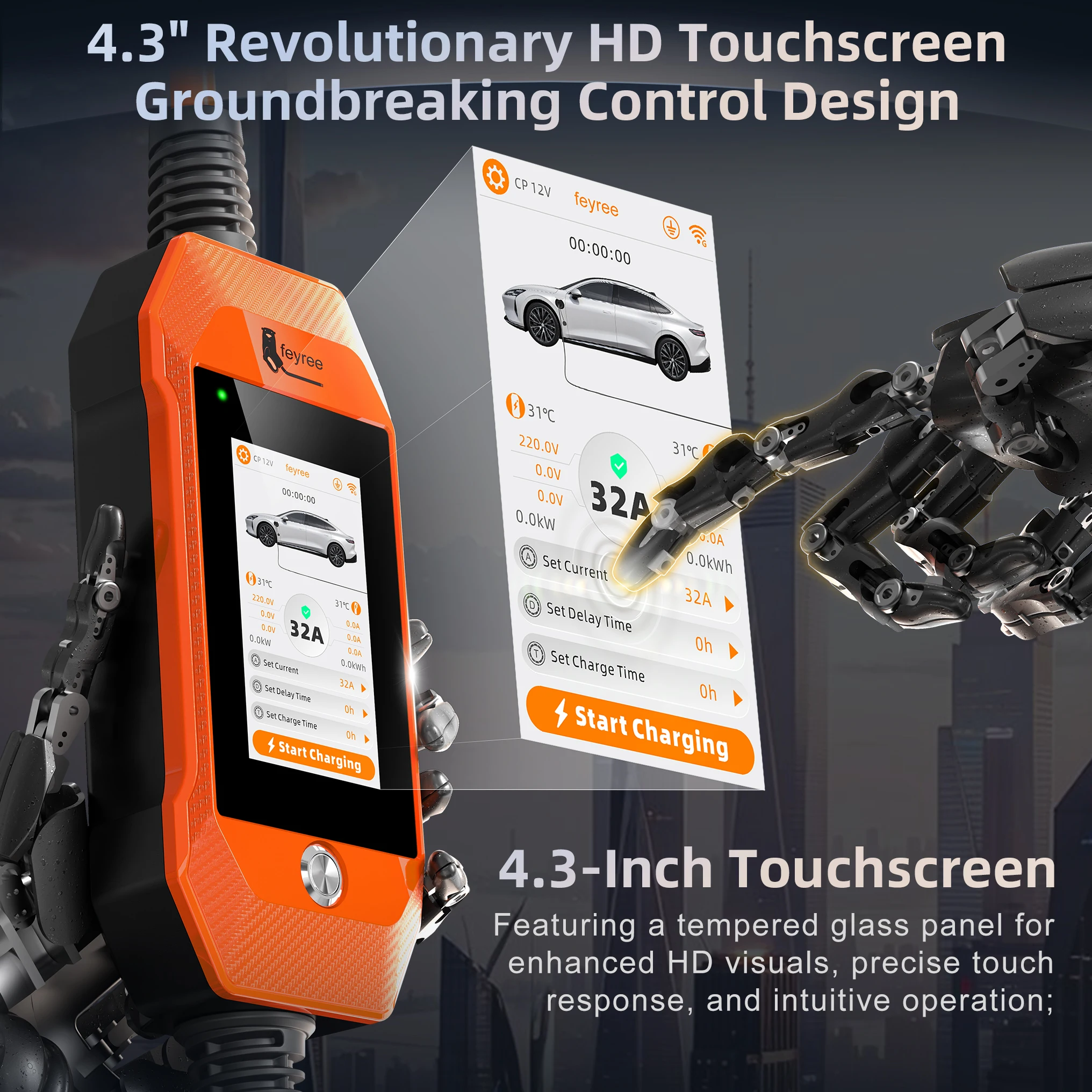 Feyree شاحن سيارات كهربائية 32A 7kW 1P 4.3 بوصة تعمل باللمس Type2 /Type1 /GBT /TS-NACS شاحن محمول تطبيق ذكي تحكم WiFi لسيارات EV