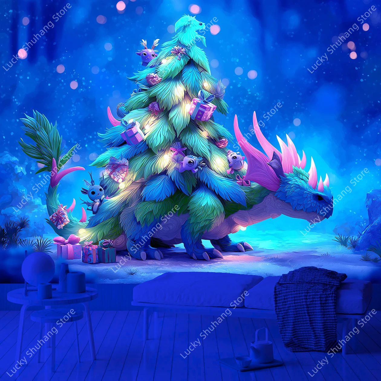 Festive Christmas Dragon Tree UV Tapestry with Twinkling Lights and Woodland Creatures Fantasy Wall Hanging for Holiday Decor