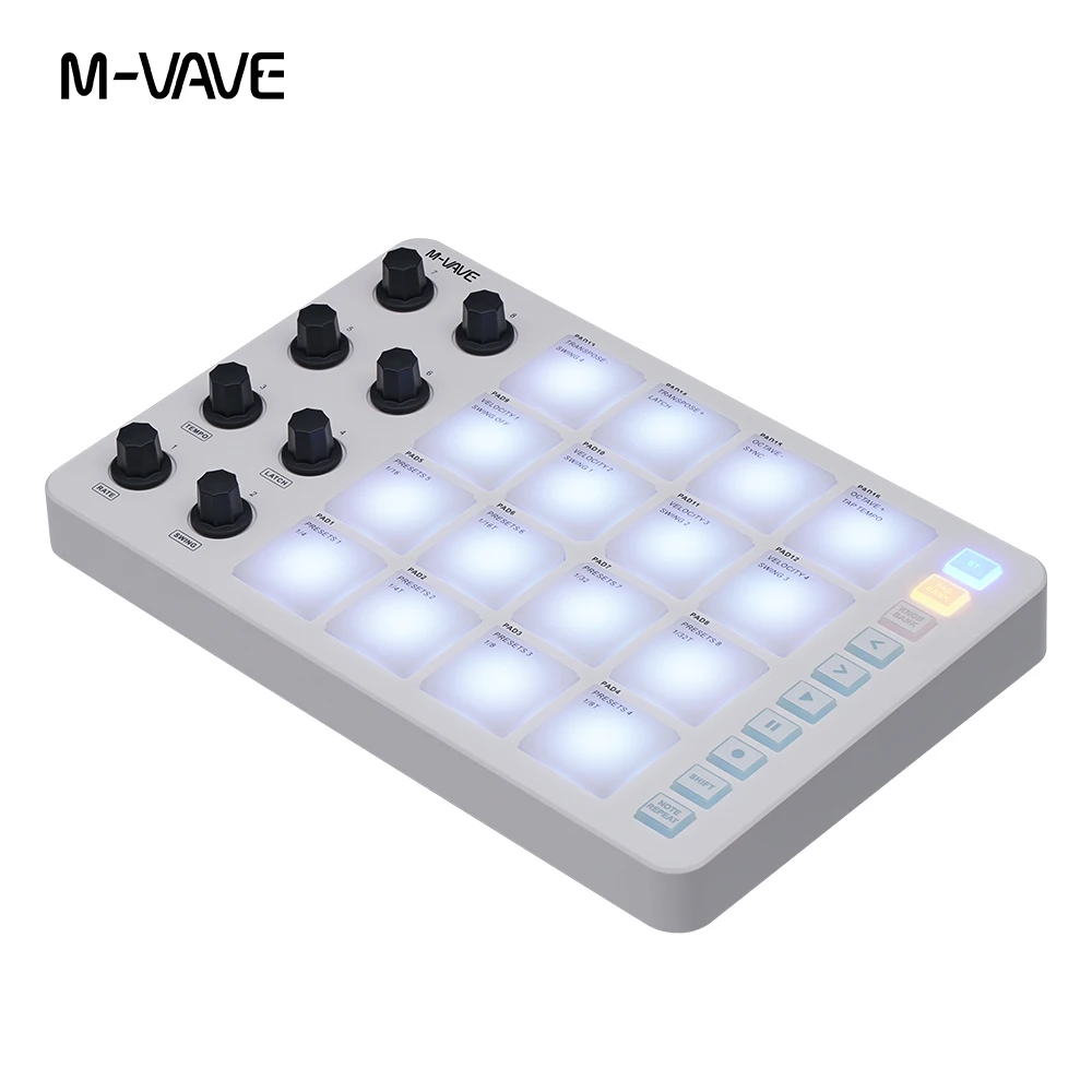 M-VAVE Wireless Midi Pad Controller SMC-PAD 16 Rgb Velocity Pads 8 Assignable Knobs USB-C Rechargeable for Daw&live Performance