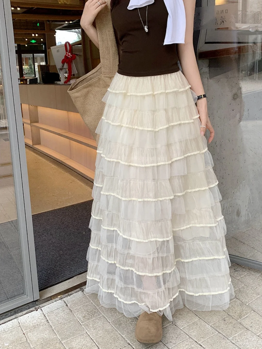 Elegant High Waist Long Ballet Skirt Women's Spring Autumn Fairy Moonlight Gown Tulle Skirt Cake Style Half-length Skirt