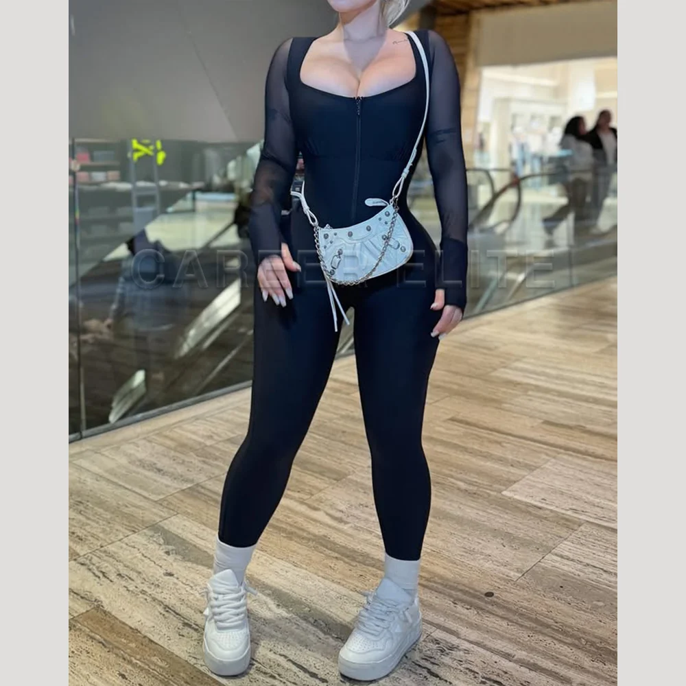 

Black Long-Sleeve Mesh-Sleeve Bodysuit Full-Body Shapewear with Front Zipper Tummy Control Waist Trainer Curvy Silhouette
