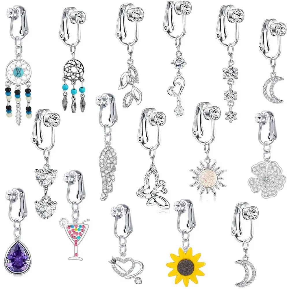 Piercing de ombligo falso, Clip de corazón, hojas de mariposa, pendiente de cartílago, ombligo Umbilical
