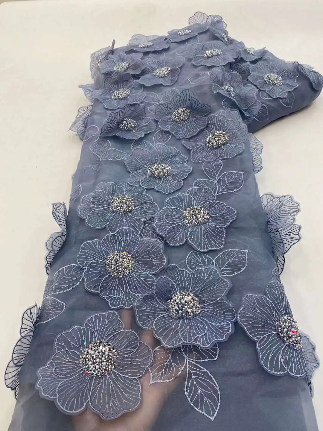 Vestido de novia bordado de flores 3D, tela de encaje con cuentas de flores de Bule, encaje francés dorado, lentejuelas de tul para coser XZ450KU