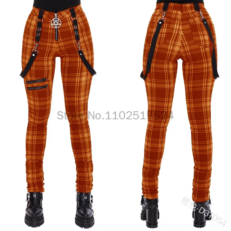 2023 Mode Gothic Geruite Bandbroek Voor Dames Hoge Taille Punk Rits Ontwerp Casual Strakke Lange Broek Hip Hop Streetwear Broek