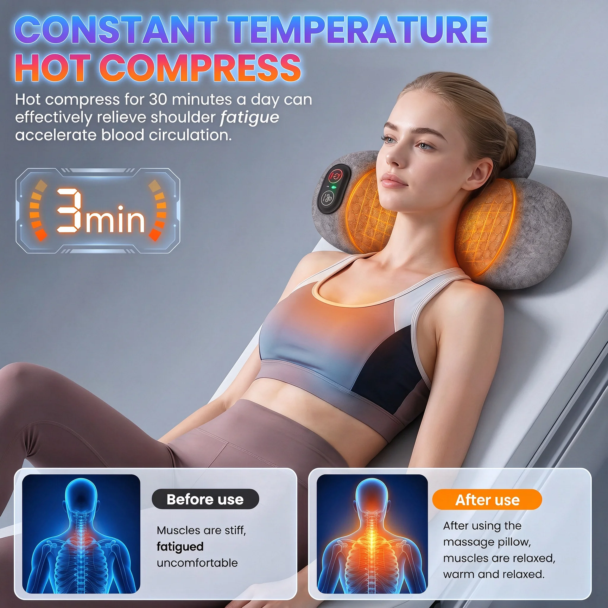 Wireless Cervical Massage Pillow with Heat Vibration Neck and Back Massager Ergonomic Memory Foam Breathable Stretch with Airbag