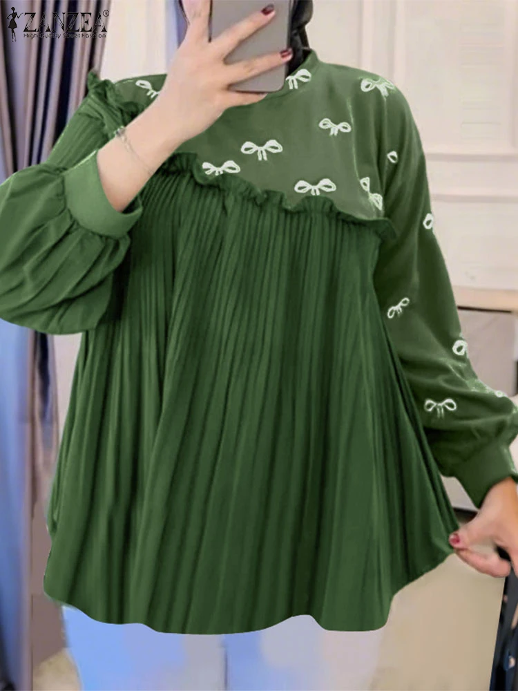 

ZANZEA Muslim Woman Modest Blouses Hijab O-Neck Long Sleeve Pleated Patchwork Blusas Mujer Bow Printed Islamic Fashion Tops