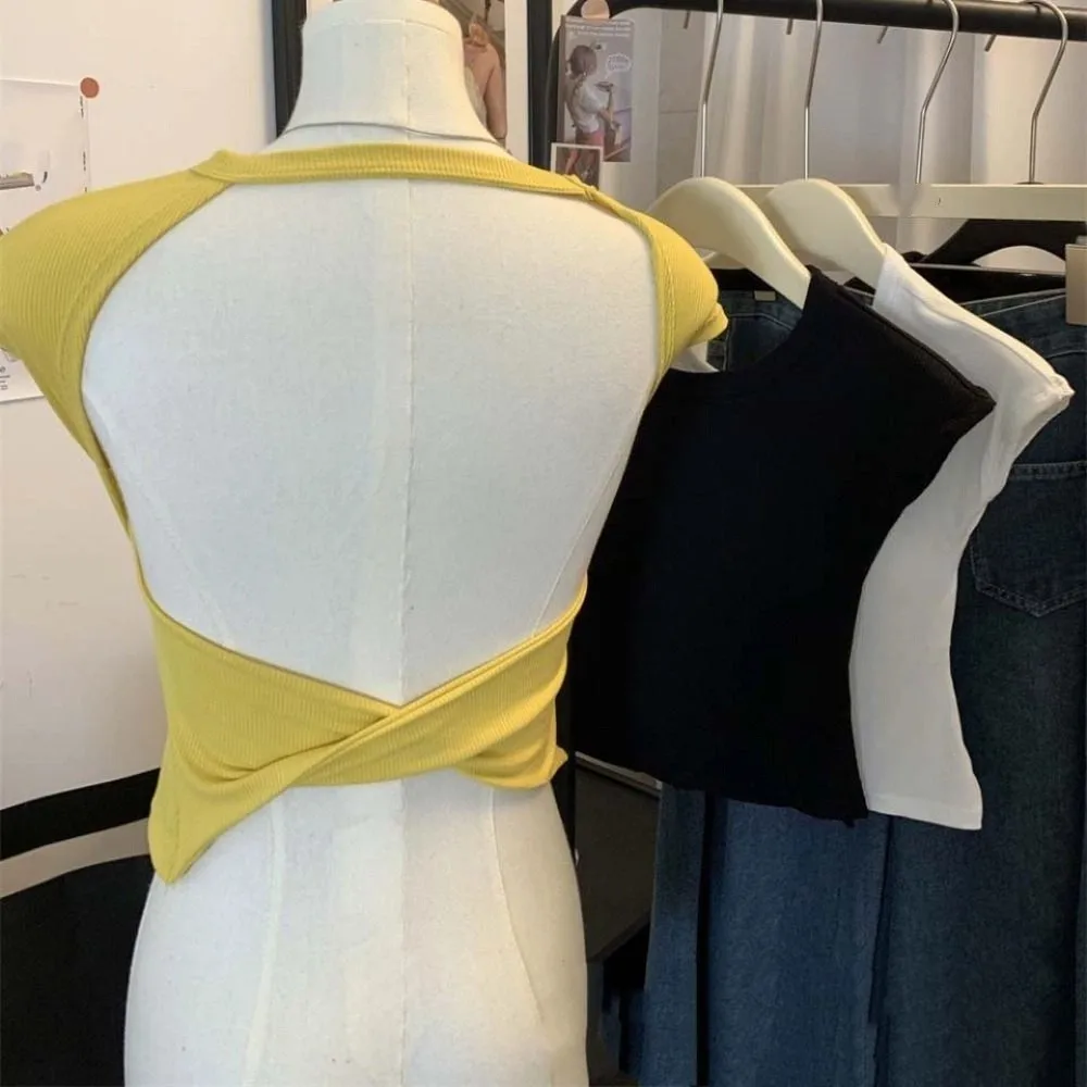Mode uitgehold schoonheid terug T-shirt korte mouw Y2k slanke crop tops dieptepunt shirts ronde hals vest met pads zomer