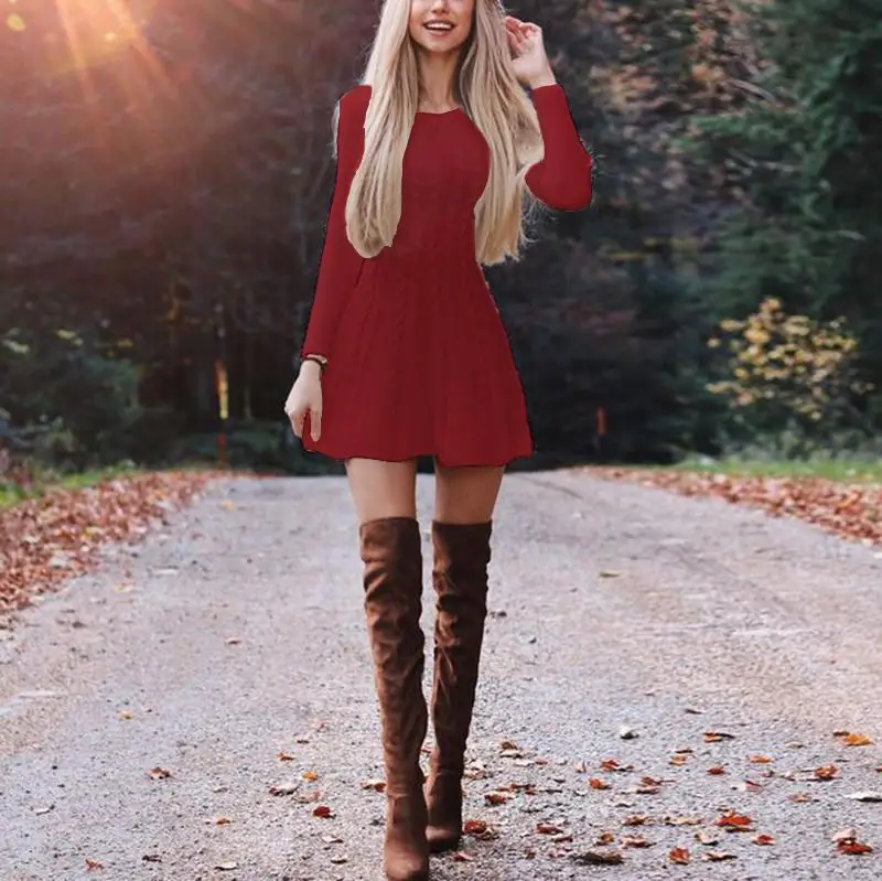 Vestido de suéter de punto para mujer, cuello redondo, Sexy, manga larga, suelto, fiesta, trabajo, Harajuku, Francais, otoño, invierno, ropa de calle