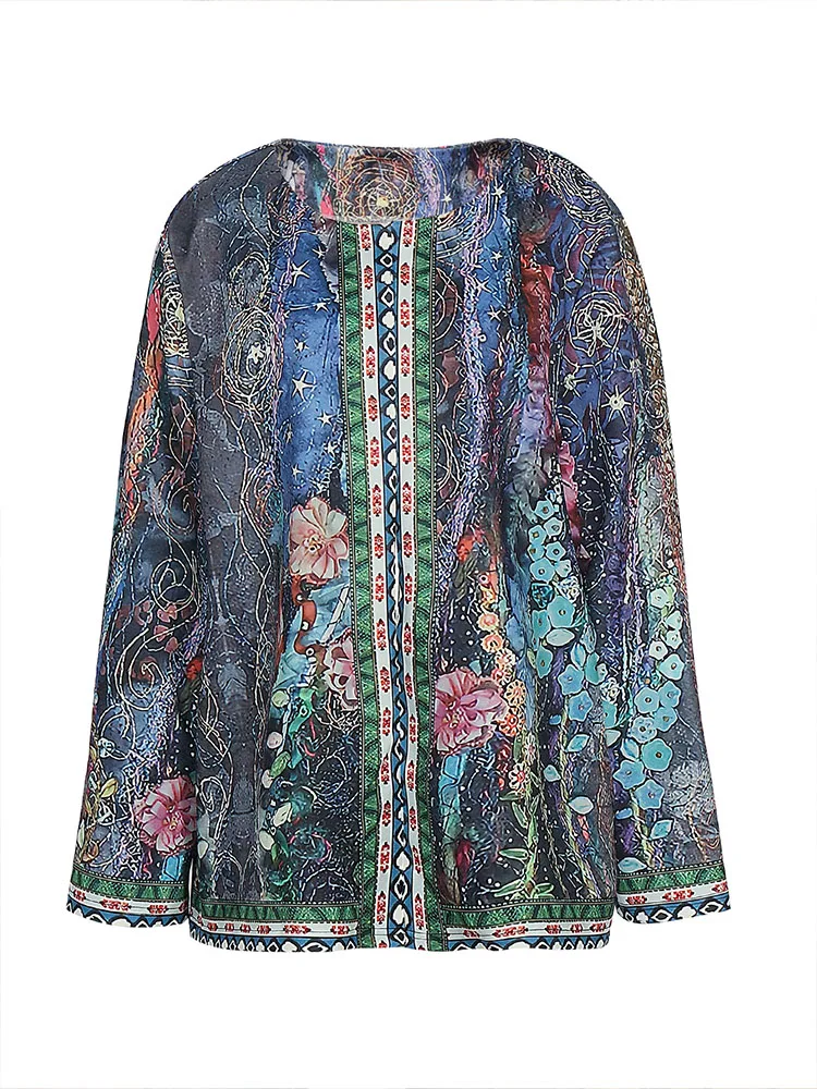 Plus Size Women's 2023 fashion winter jacket retro style loose print collarless women's jacket XL- 5XL