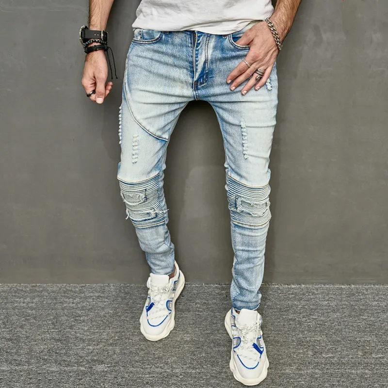 Foreign Trade Denim American High Street Trend Brand Ripped Slim Fit Small Feet Elastic Jeans Men's Slim Fit