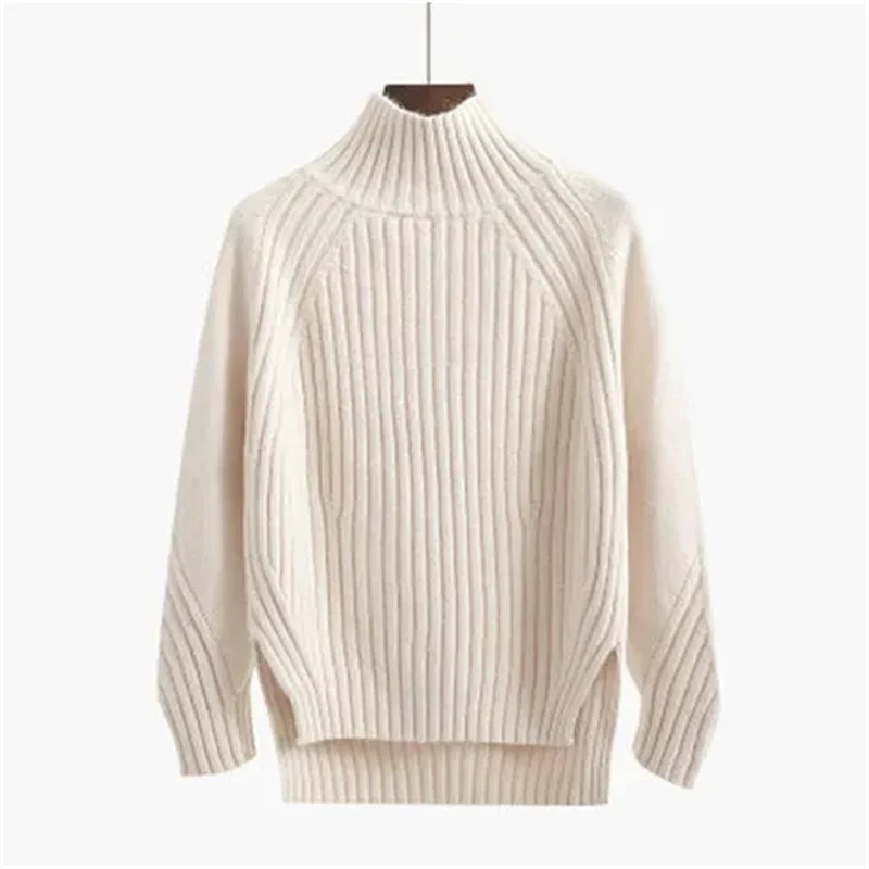 2024 Autumn Winter Women Solid Mock Neck Loose Pullover Sweaters Knit Split Stripe Jumpers For Women Casual Office Sweater