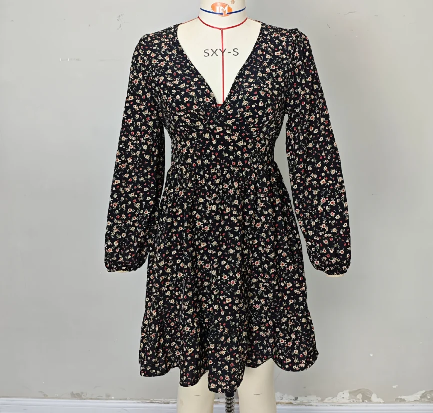 

Womens Dresses 2025 Spring Autumn New Vacation Black Floral Print V-Neck Long Sleeved Waist Cinched Shirred Casual Mini Dress