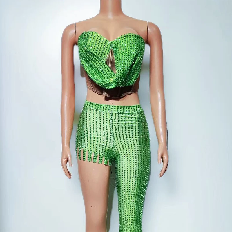 Seksowny strój tancerki Gogo, brokatowy zielony top i spodnie, zestaw Dancehall Queen, kostium sceniczny dla piosenkarki, ubrania na imprezę, pokaz yj020