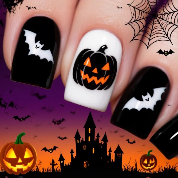 24개 할로윈 가짜 손톱 단색 어두운 악마적인 호박 짧은 프레스온 네일 소녀와 친구에게 선물하기에 적합