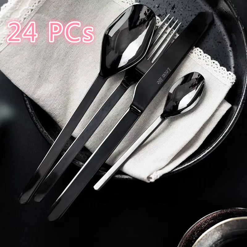 

24 stainless steel knives, forks, spoons, INS net red electroplated gold 304 mirror Western tableware