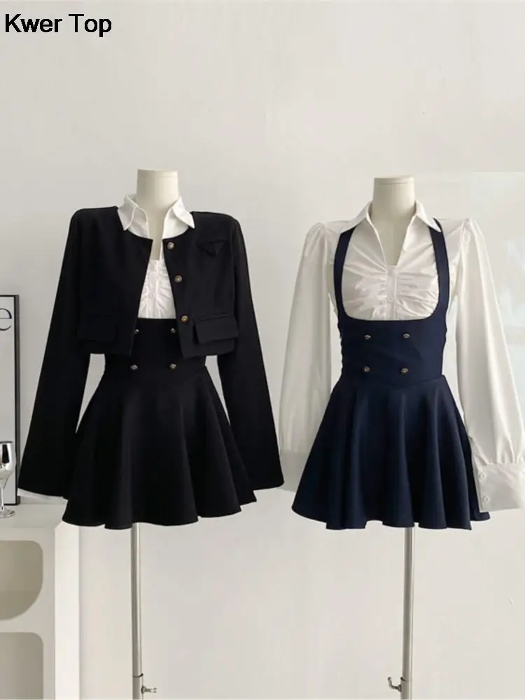 Woman Preppy Style Mini Dress 3 Piece Set Korean Elegant White Shirt + Short Blazers Coat Outfits Spring Fashion Y2K Clothes