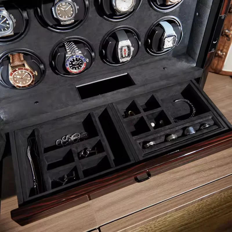 IBBETON Luxury fingerprint lock Watch Winder LED light LCD screen TPD mode, multifunctional watch winding case with drawers