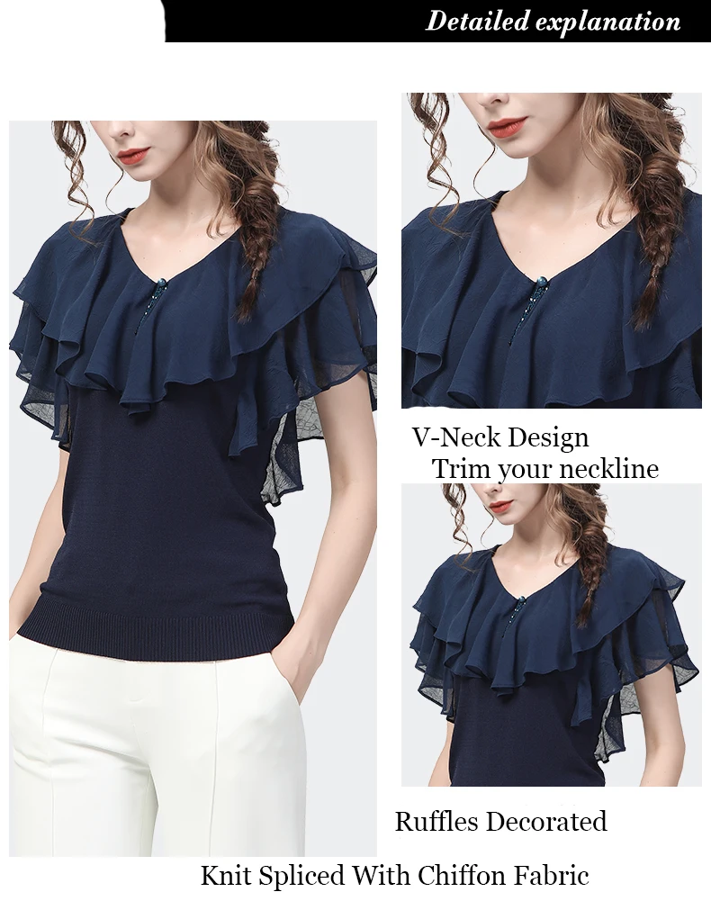 2022 Summer Ruffle Chiffon Blouse Women Top Short Sleeve Spliced Knit Shirt Bottoming Shirts Fashion Slim Casual Small Shirts