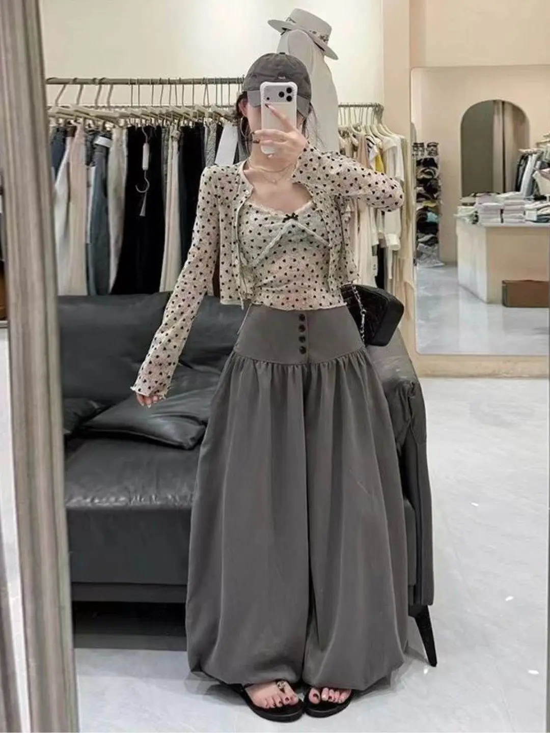 Korean Style College Wave Point Open Cardigan Strap Wide Leg Pants Set Women Spring Autumn Beautiful Three Piece Set Fashionable