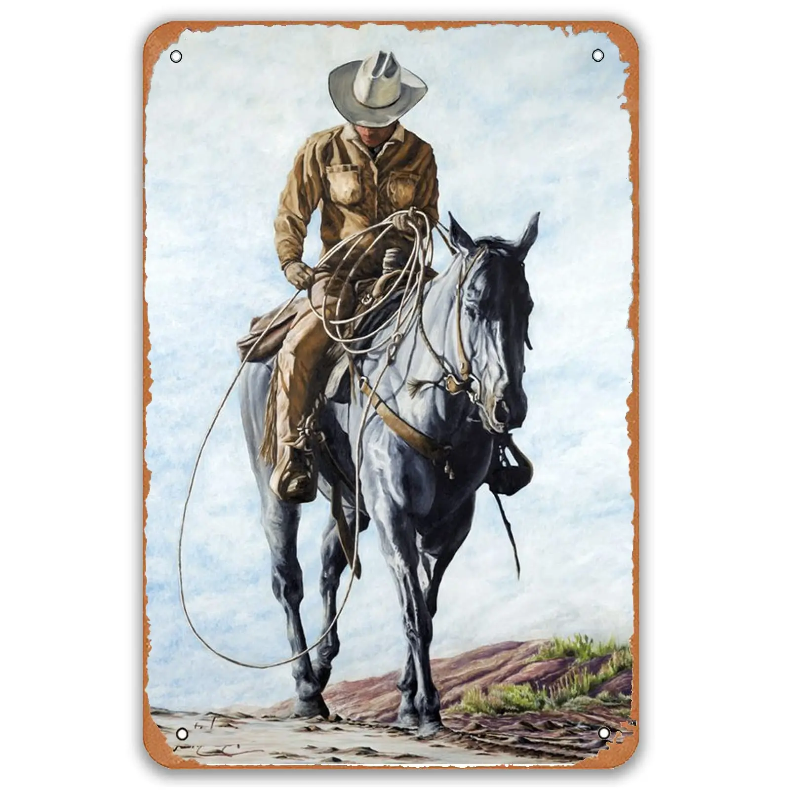 West Cowboy Metal Tin Sign,Cowboy Riding Horse Cowboy Code Man Cave Decor for Farm Village Home Hotel Bar Cafe Outdoor Wall Deco