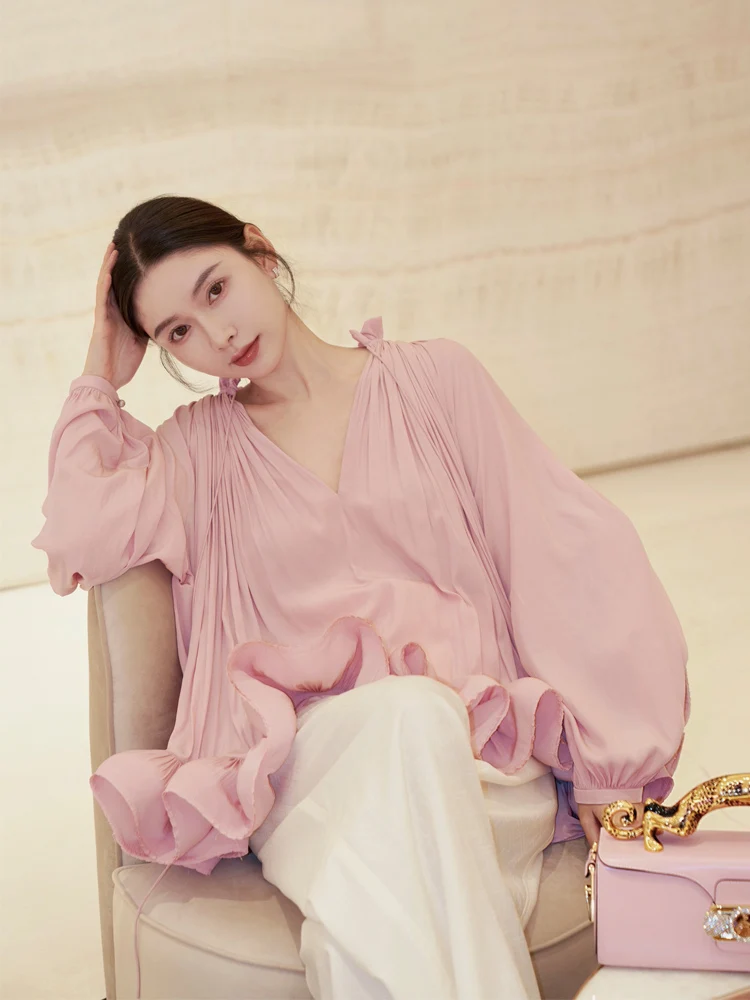 

Elegant Pink Women's Shirt Beautiful Unique Bloom Design V-neck Long Sleeve French Style Loose Fit Breathable Polyester Fiber