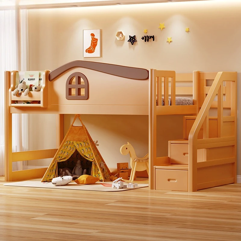 Full solid wood children's bed bunk bed secret base hut half high bed empty under the boys and girls slide