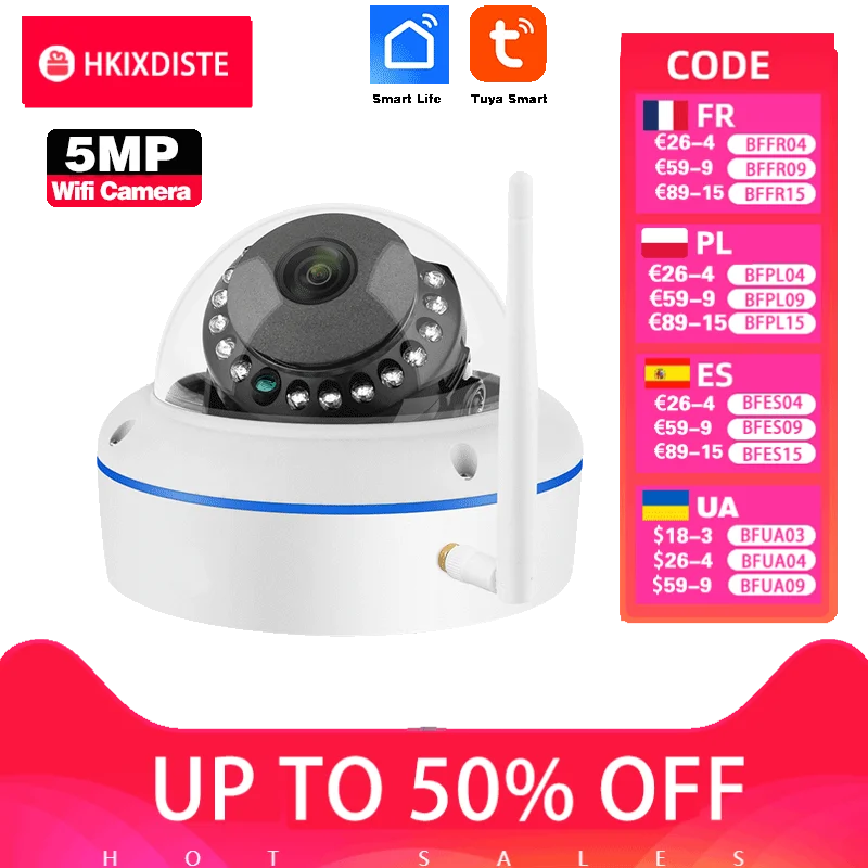 

Tuya Smart Life 5MP Wi-Fi IP-камера безопасности Внешняя беспроводная потолочная купольная камера Обнаружение человека CCTV Камера видеонаблюдения 2K