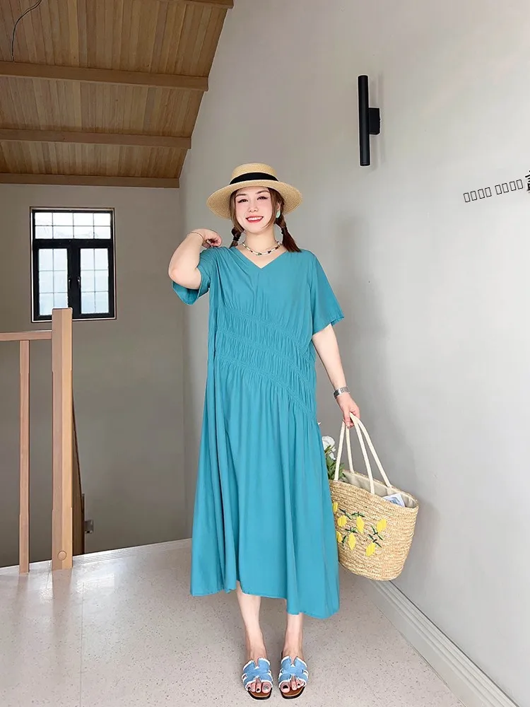 

Оригинальная юбка Vogana больших размеров с V-образным вырезом, эластичной талией, однотонная, в корейском стиле, А-силуэт, из смесового хлопка и полиэстера