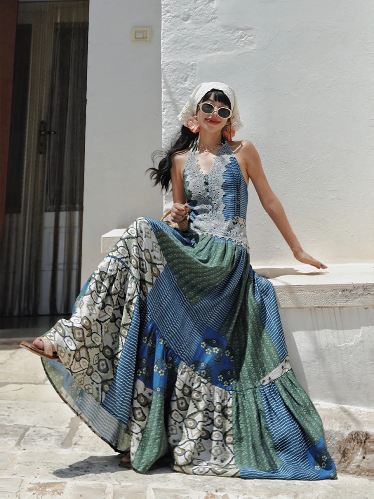 

TIYIHAILEY Dresses Sleeveless Women Linen Summer Ladies Blue Print Patchwork Clothing New Summer Fashion 2025 V-Neck S-L