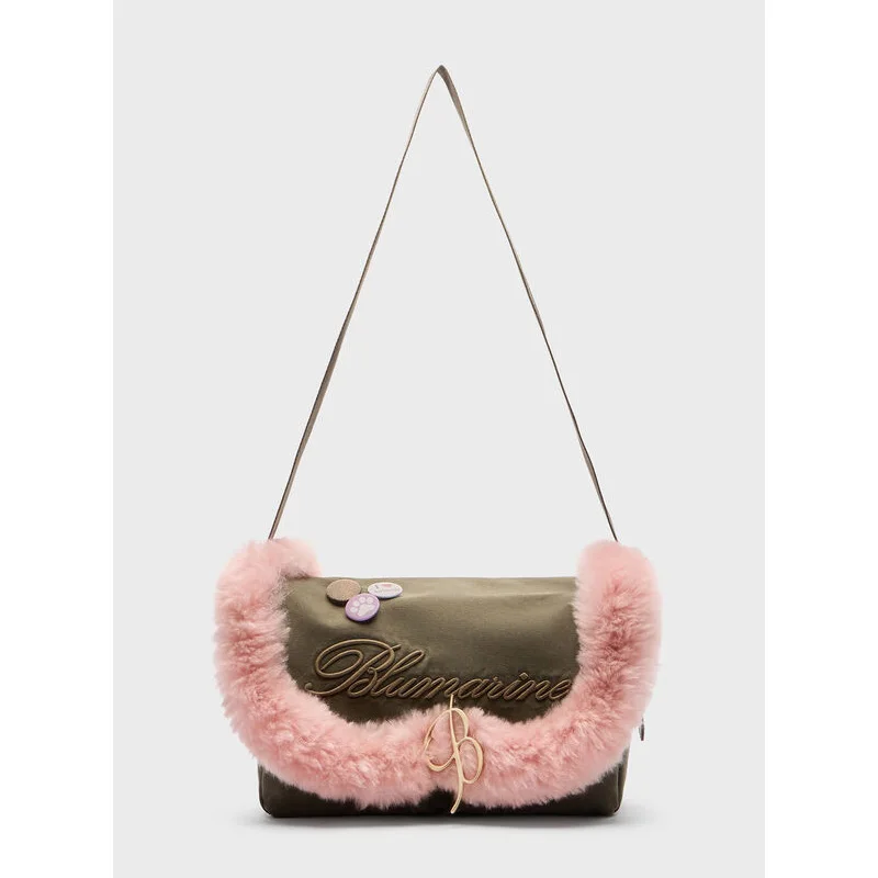 

Large Messenger Shoulder Bag In Cotton Canvas With Faux Fur Trimmed Flap Applied Pins Letter Embroidery New Winter Female Bags