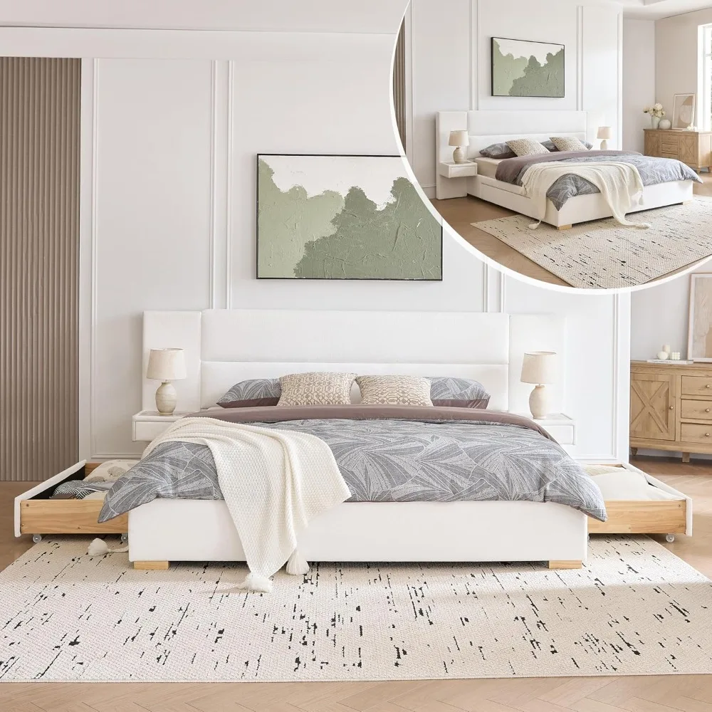 

King Size Upholstered Platform Bed Frame with 2 Side Storage Drawers & Built-in Nightstands, Linen Headboard, Sturdy Metal Frame