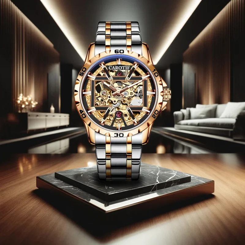 New Men's Watch Rose Gold Steel Band Fashion Classic Elegant Night Glow Hollow Fully Automatic Mechanical Watch
