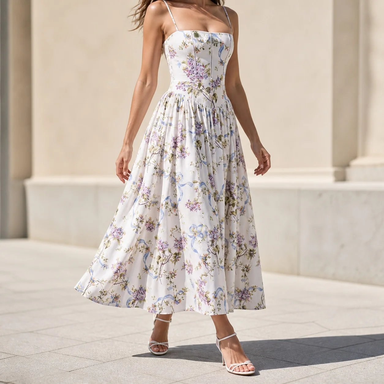 Elegant Women's Summer White Sleeveless V Neck A Line Floral Printed Long Slim Fit Mid Waist Pullover Dress for Women Strap